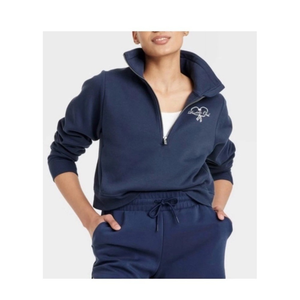Cropped Navy Core Fleece 1/2 Zip Pullover Top Pickleball Paddle Club Athletic S
